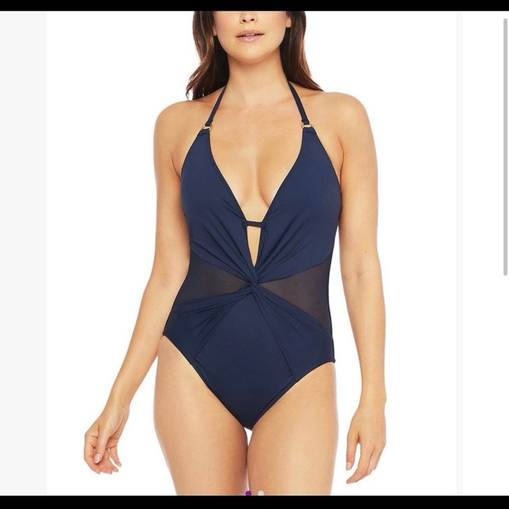 Blue One Piece Swimsuit with Plunging Halter Neckline